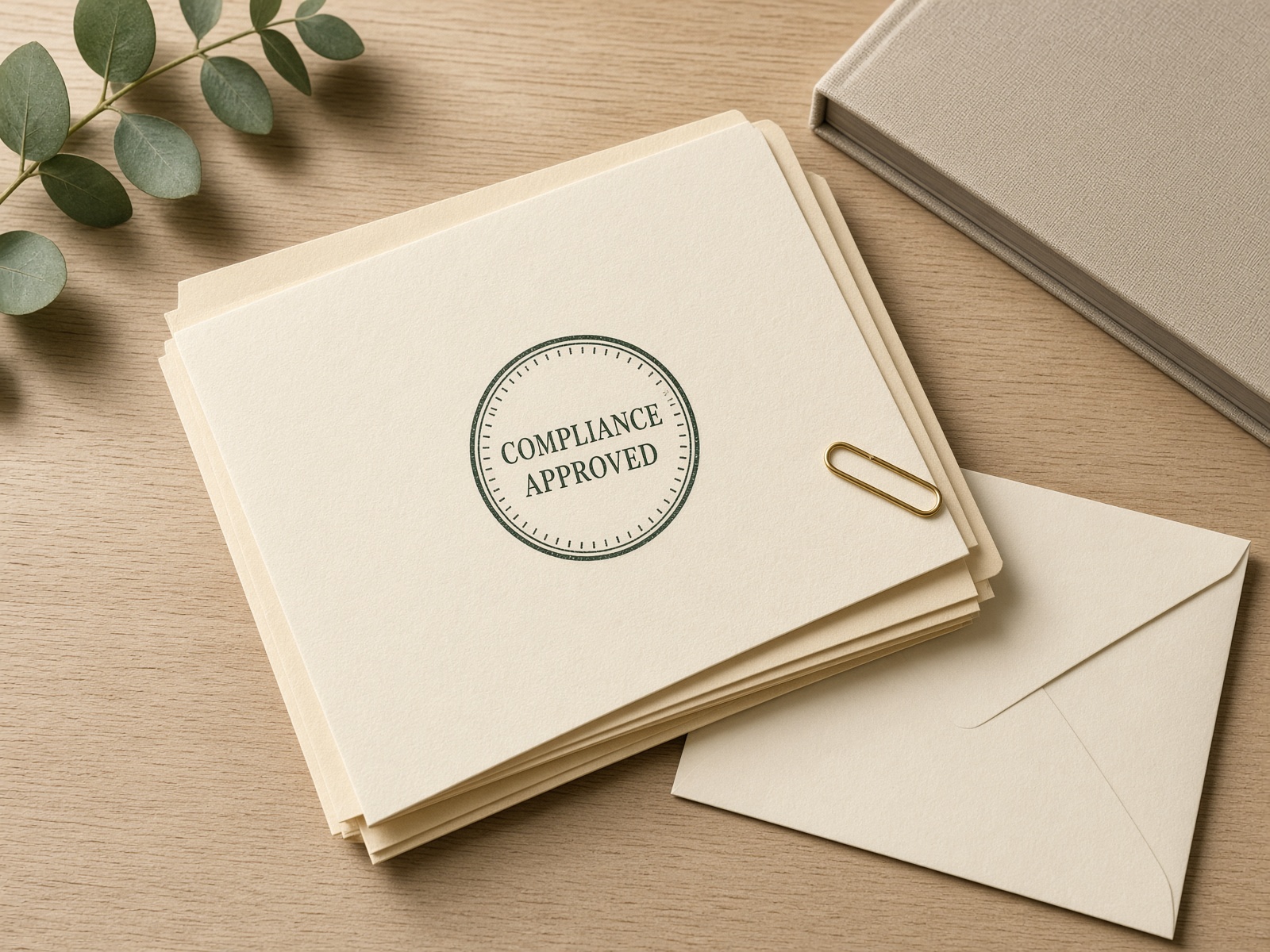 Compliance folders and a stamped certificate on a timber desk